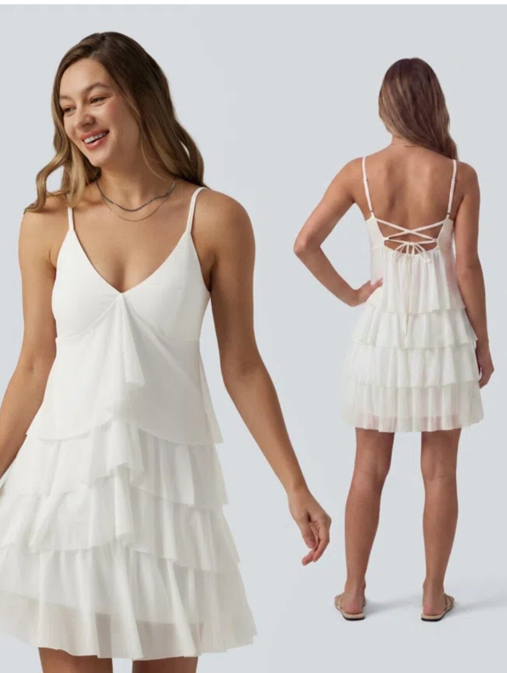 HALARA White Tiered Ruffle Slip Dress